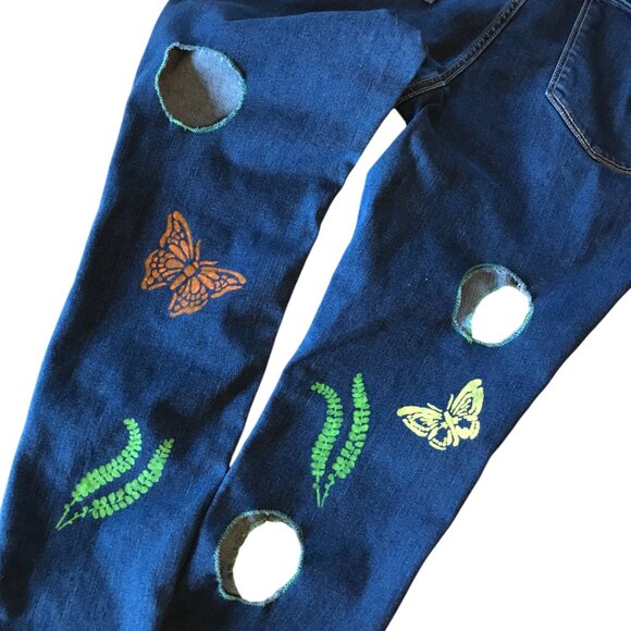 Cutout Jeans Women, Junior Size 15: Upcycled Painted Butterfly Funky Pants - Picture 5 of 13